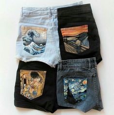 four pairs of jean shorts with the same painting on them, all in different colors