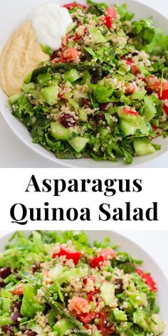 two plates with different types of salads on them and the words asparagus quinoa salad