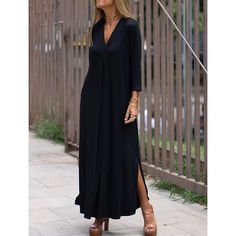 Season:Fall,Spring; Fabric:Polyester; Sleeve Length:Long Sleeve; Look After Me:Machine wash; Gender:Women's; Style:Fashion,Streetwear; Elasticity:Micro-elastic; Occasion:Date,Daily,Going out,Weekend; Fit Type:Regular Fit; Dresses Type:Casual Dress,Plain Dress; Design:Split; Neckline:V Neck; Listing Date:07/20/2023; 2024 Trends:2023; Bust:; Length:; Fit US Size:; Fit UK Size:; Fit EU Size:; Dress Length Type:Maxi long Dress; Print Type:non-printing How To Fold Sleeves, Comfy Dresses, Loose Outfit, Yoga Shorts, Denim Jumpsuit, Medan, Comfortable Dress, Belleza Natural, Look Chic