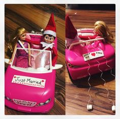 there is a pink toy car with two dolls in it and one has an elf's hat on top