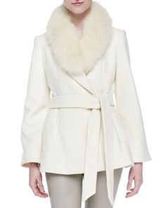 Meridian Fur-Collar Tie-Waist Coat by Alice + Olivia at Neiman Marcus. Wrap Coat, Collared Coat, Short Coat, Winter Looks, Fur Collars, Alice Olivia, Top Designers, Coats Jackets Women, In Fashion