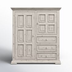 a white cabinet with drawers and doors on it's sides, in front of a gray background