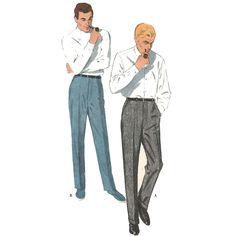 A debonair design for men's regulation slacks, with or without cuffs. With no pleats or darts on the front waist, and a slim-fitting leg, these slacks have a neat silhouette, and looks great with a crisp shirt or a more casual t-shirt tucked into the waistband. These have an optional buckled back belt, for a neat and comfortable fit. Regulation slacks with or without cuffs, have optional buckled back belt. Offered here as: Digital Download. This pattern is also available as a Paper Pattern HERE 1950’s Mens Dress, Vintage Sewing Pattern Illustrations Men, Cloth Shading, Clothes Illustration, 1950s Sewing Patterns, Slacks Trousers, Shirt Tucked In, Vintage Mens Fashion, Couture Vintage