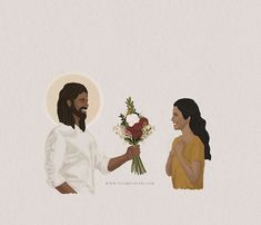 a painting of jesus giving flowers to a woman who is wearing a white shirt and gold necklace