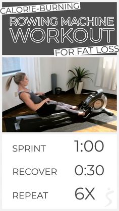 a woman is sitting on an exercise machine with the text, calori - burning rowing machine workout for fall