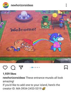 an image of a cartoon character on the ground in front of a sign that says welcome