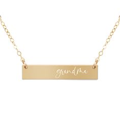 PRICES MAY VARY. Express your love for your special grandma with our elegant mama bar necklace! This simple “grandma” jewelry piece makes the sweetest Mother’s Day gift for grandma or a new grandma-to-be. Delicately engraved, this custom grammy necklace serves as the perfect necklace for everyday wear. Layer this piece with our monogram disc necklace for an elegant look! Grandma Name Necklace, Bar Necklace Layered, Grandma Jewelry, Skin Bar, Necklace For Everyday, Grandmas Jewelry, Gift For Valentine, Turn Blue, Silver Bar Necklace