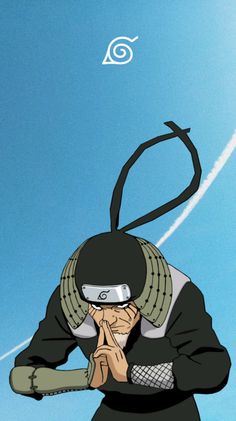 an anime character holding his hands to his face with the sky behind him and clouds in the background