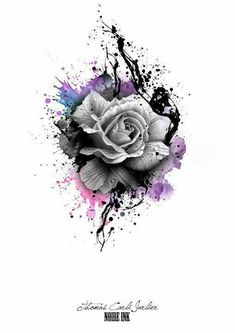 a black and white rose with watercolor splatters on the side, against a white background