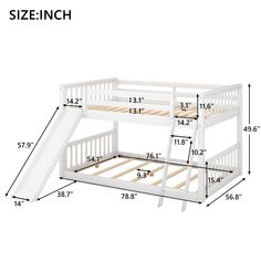 a white bunk bed with stairs and measurements