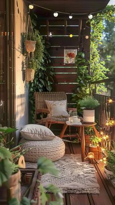 an outdoor patio with plants and lights