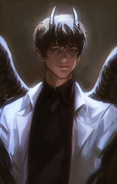 an anime character with horns on his head wearing a white shirt and black tie, standing in front of a dark background