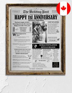 an old newspaper with the words happy 1st anniversary written in black and white on it