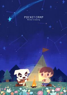 two cartoon characters sitting in front of a campfire at night with stars above them