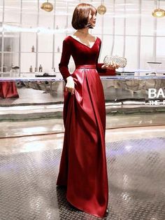 Evening Dresses Long Sleeve V Neck Satin Velvet Floor Length Maxi Formal Gowns Evening Dresses Long Sleeve, Robes D'occasion, Floor Length Maxi Dress, Designer Evening Dresses, Long Sleeve Evening Dresses, Maxi Robes, Dresses Long Sleeve, Mermaid Dresses, Evening Dresses Long