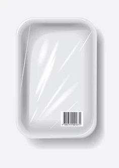 a white tray with a barcode on the front and back side, against a gray background