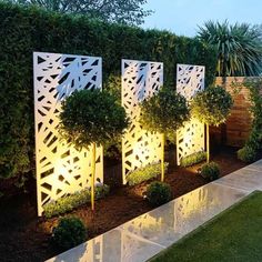 an outdoor garden with trees and bushes lit up at night, along side a walkway