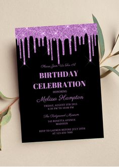 a black and purple birthday party card with glitter drips