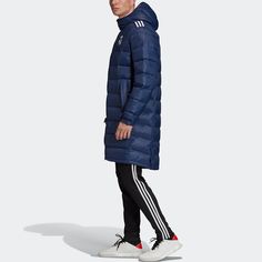 adidas Real Madrid Soccer/Football Stay Warm hooded mid-length Down Jacket Navy Blue FQ3317 Real Madrid Soccer, Soccer Football, Real Madrid, Adidas Men, Mid Length, Stay Warm, Down Jacket, Madrid, Soccer