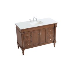 a bathroom vanity with a sink and two faucets on the top, against a white background