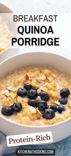 a bowl of oatmeal with blueberries and almonds in it on a table