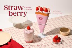 strawberries and ice cream on a table with the words strawberry berry written in large letters