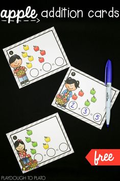 an apple addition card game is shown with the free printable for kids to play