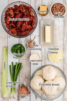 ingredients to make crawfish recipe laid out on a white wooden table with text overlay