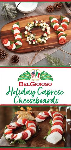 holiday caprese cheeseboards on a cutting board