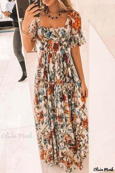 Olivia Mark - Chic Floral Print Square Collar Dress with Stringy Selvedge Detail