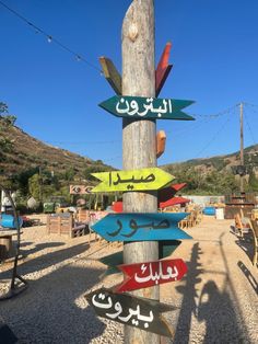 a wooden pole with many different colored signs attached to it's sides in arabic writing