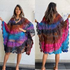 Handmade crochet tie dye kaftan dress. 100% cotton. Multiple color. One size fit most figure. Model 5'6 Measurements: Bust and hip 63 inches around. Length 34.5 inches V neck deep 9 inches. CARE: Machine cold in a washing bag. Bohemian V-neck Crochet Lace Dress, Bohemian Multicolor Tunic Cover-up, Bohemian Crochet Lace Dress For Beach Cover-up, Bohemian Beach Cover-up Dress With Crochet Lace, Multicolor V-neck Crochet Dress For Vacation, Bohemian Crochet Lace Beach Dress, Bohemian Multicolor Crochet Dress For Beach, Bohemian Crochet Lace Beach Dress Cover-up, Beachwear V-neck Crochet Dress For Festivals