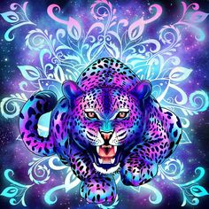 a purple and blue leopard with an intricate design on it's face, in front of