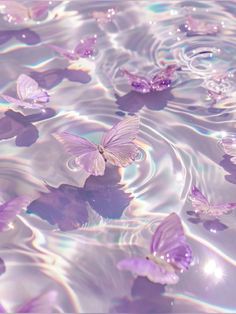 purple butterflies floating in water with ripples on the bottom and light reflecting off them