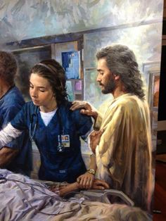 an oil painting of a nurse tending to a patient in a hospital bed with two other doctors nearby