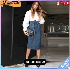 Sexy High Waist Denim Skirt Autumn Winter Slim Chic A-line Midi Skirt Midi Jean Skirt, High Waist Denim Skirt, Commuter Style, Body Skirt, Midi Jeans, High Waisted Denim Skirt, Bodycon Midi Skirt, Mid Skirt, High Waist Denim