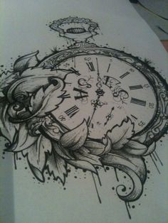 a drawing of a pocket watch with flowers on it's face and an arrow in the middle