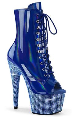 BEJEWELED-1021-7 Blue Holo Patent Rhinestone Boots-Pleaser-Tragic Beautiful Vegan Heels, 7 Inch Heels, Alternative Shoes, Peep Toe Ankle Boots, High Heel Stiefel, Single Sole Heels, Peep Toe Boots, Festival Shoes, Punk Boots