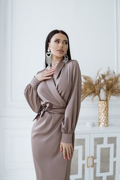 Fabric: Satin Viscose 35%, Polyester 35%, Cotton 20% Nylon 10% V-neck Puffed Sleeve Long Sleeve Wrap dress Tie detail Midi length Thigh Slit Long Sleeve Party Dress, Long Sleeve Wrap Dress, Party Dress Long Sleeve, Puff Long Sleeves, Dress Prom, Handmade Dresses, Tie Dress, Home Wedding, British Indian