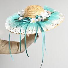 "Wide Straw Brim Hat/ Edwardian Straw Hat/ Straw Hat With Blue Flowers/ Decorated Straw Hat Hand decorated straw hat. White ruffle material lines the top with teal tulle ruffle. Adorned with daisies, roses, leaves and blue ribbon. In excellent condition. Circumference 21\" Brim 6\" Height 3\"" Blue Bucket Hat For Beach, Blue Mini Cap For Summer, Blue Brimmed Mini Hats For Beach, Blue Mini Hats For Beach With Short Brim, Blue Mini Hats With Short Brim For Beach, Blue Mini Hat With Short Brim For Beach, Blue Mini Beach Hats With Short Brim, Beaded Chiffon Dress, Graphic Jackets