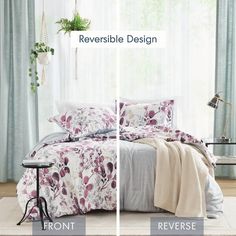 two images show the same bedding in different rooms, one with flowers on it