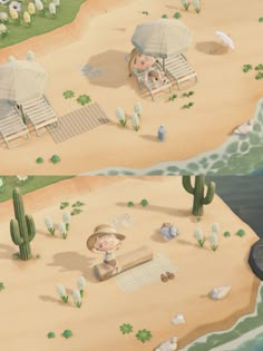 two cartoon characters sitting on beach chairs under umbrellas next to water and cactus trees