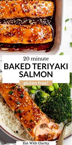 baked teriyaki salmon with rice and broccoli on the side, in a baking dish