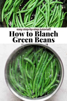 green beans in a pot with text overlay that says how to blancch green beans