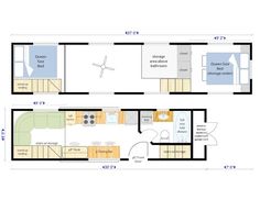 the floor plan for a mobile home with two beds and one living room in it