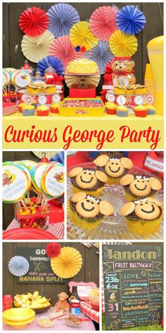 a collage of various pictures including cupcakes, cakes and umbrellas with the words curious george party written on them