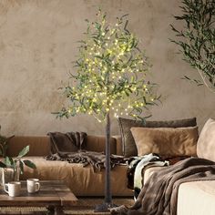 a living room filled with furniture and a tree