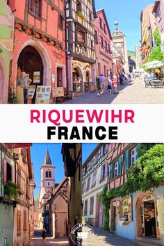 an old european town with colorful buildings and people walking down the street