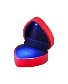 an open red and blue ring box on a white background