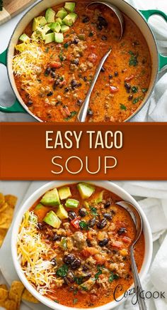 easy taco soup in a bowl with tortilla chips on the side